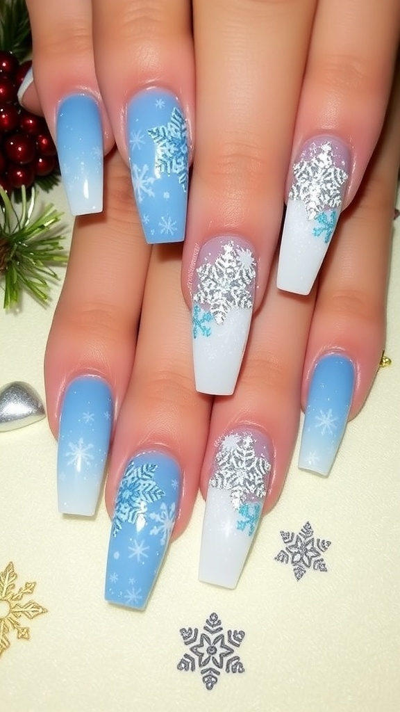 Winter-themed acrylic nails with snowflakes and glitter on a festive background.